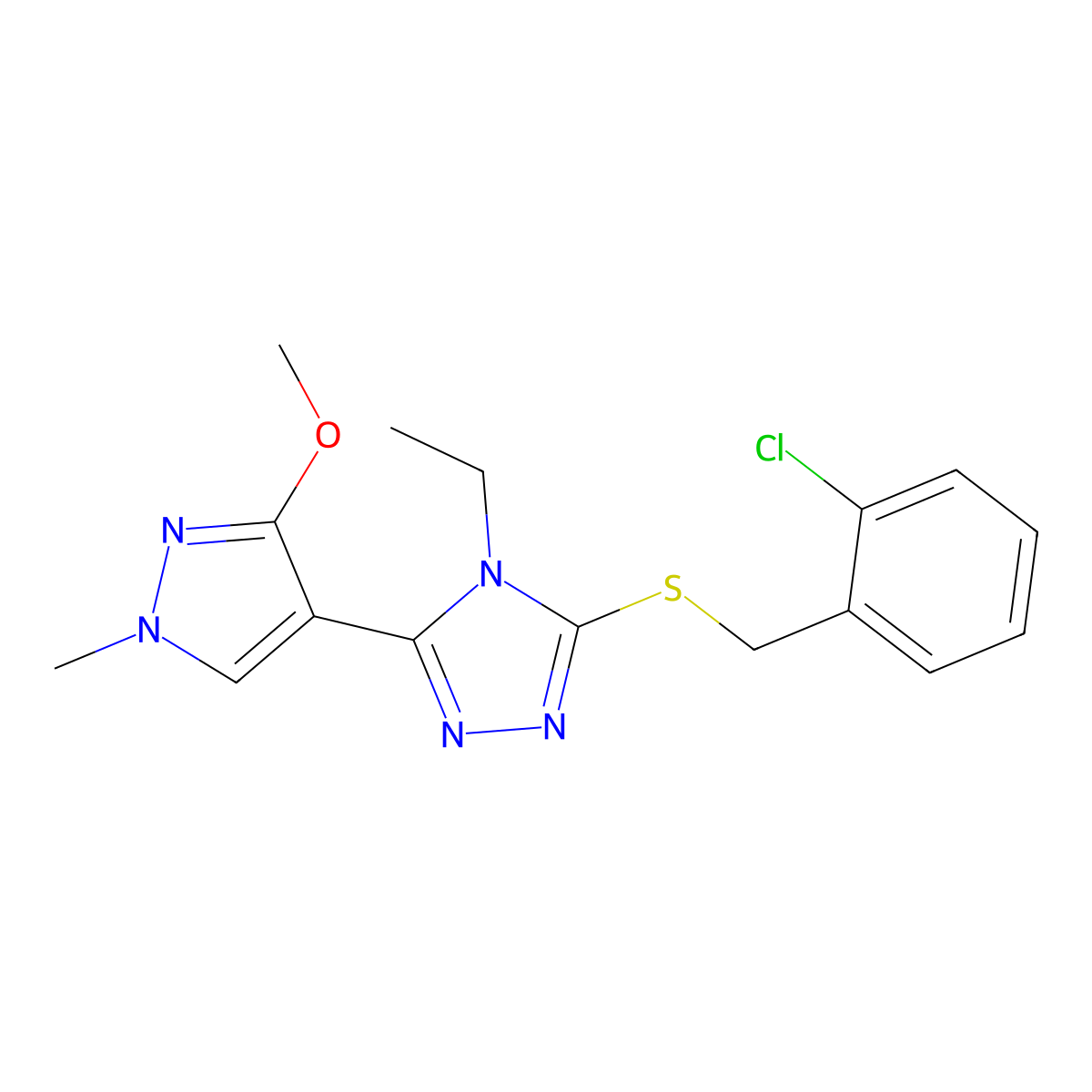 3-((2-chlorobenzyl)thio)-4-ethyl-5-(3-methoxy-1-methyl-1H-pyrazol-4-yl)-4H-1,2,4-triazole molecular structure, CAS 1014095-34-1