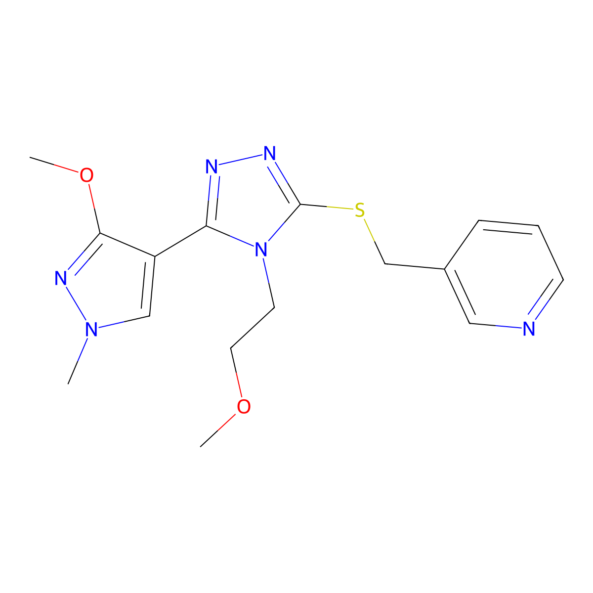 3-(((5-(3-methoxy-1-methyl-1H-pyrazol-4-yl)-4-(2-methoxyethyl)-4H-1,2,4-triazol-3-yl)thio)methyl)pyridine molecular structure, CAS 1014095-35-2
