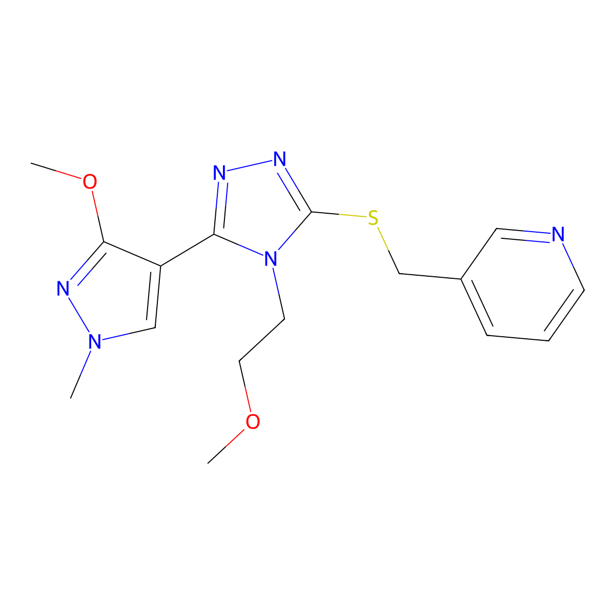 3-(((5-(3-methoxy-1-methyl-1H-pyrazol-4-yl)-4-(2-methoxyethyl)-4H-1,2,4-triazol-3-yl)thio)methyl)pyridine molecular structure, CAS 1014095-35-2