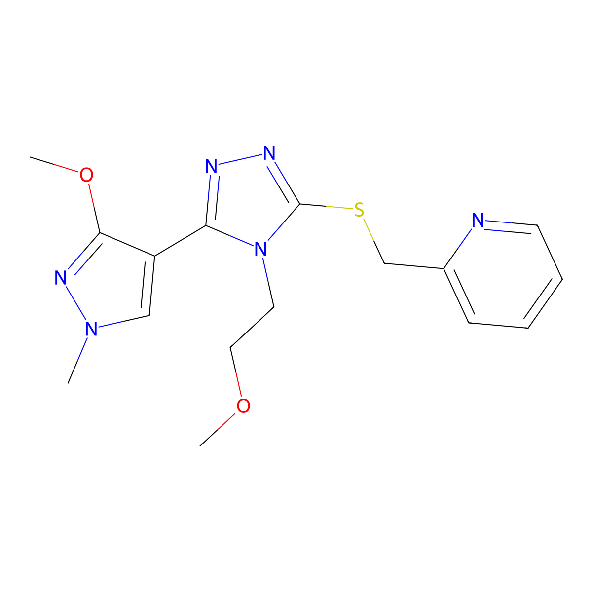 2-(((5-(3-methoxy-1-methyl-1H-pyrazol-4-yl)-4-(2-methoxyethyl)-4H-1,2,4-triazol-3-yl)thio)methyl)pyridine molecular structure, CAS 1014095-45-4