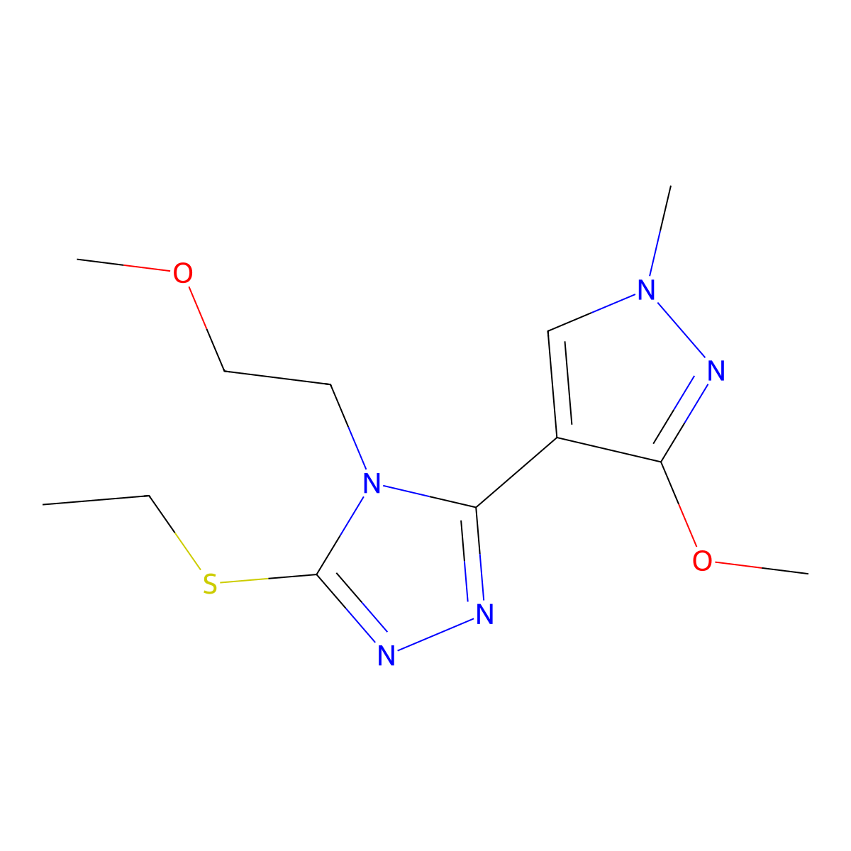 3-(ethylthio)-5-(3-methoxy-1-methyl-1H-pyrazol-4-yl)-4-(2-methoxyethyl)-4H-1,2,4-triazole molecular structure, CAS 1014095-60-3