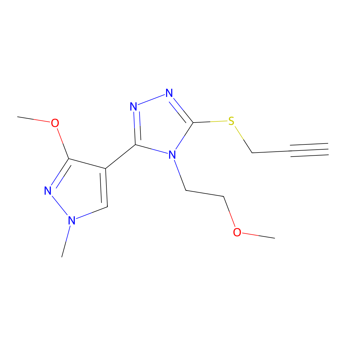3-(3-methoxy-1-methyl-1H-pyrazol-4-yl)-4-(2-methoxyethyl)-5-(prop-2-yn-1-ylthio)-4H-1,2,4-triazole molecular structure, CAS 1014095-86-3