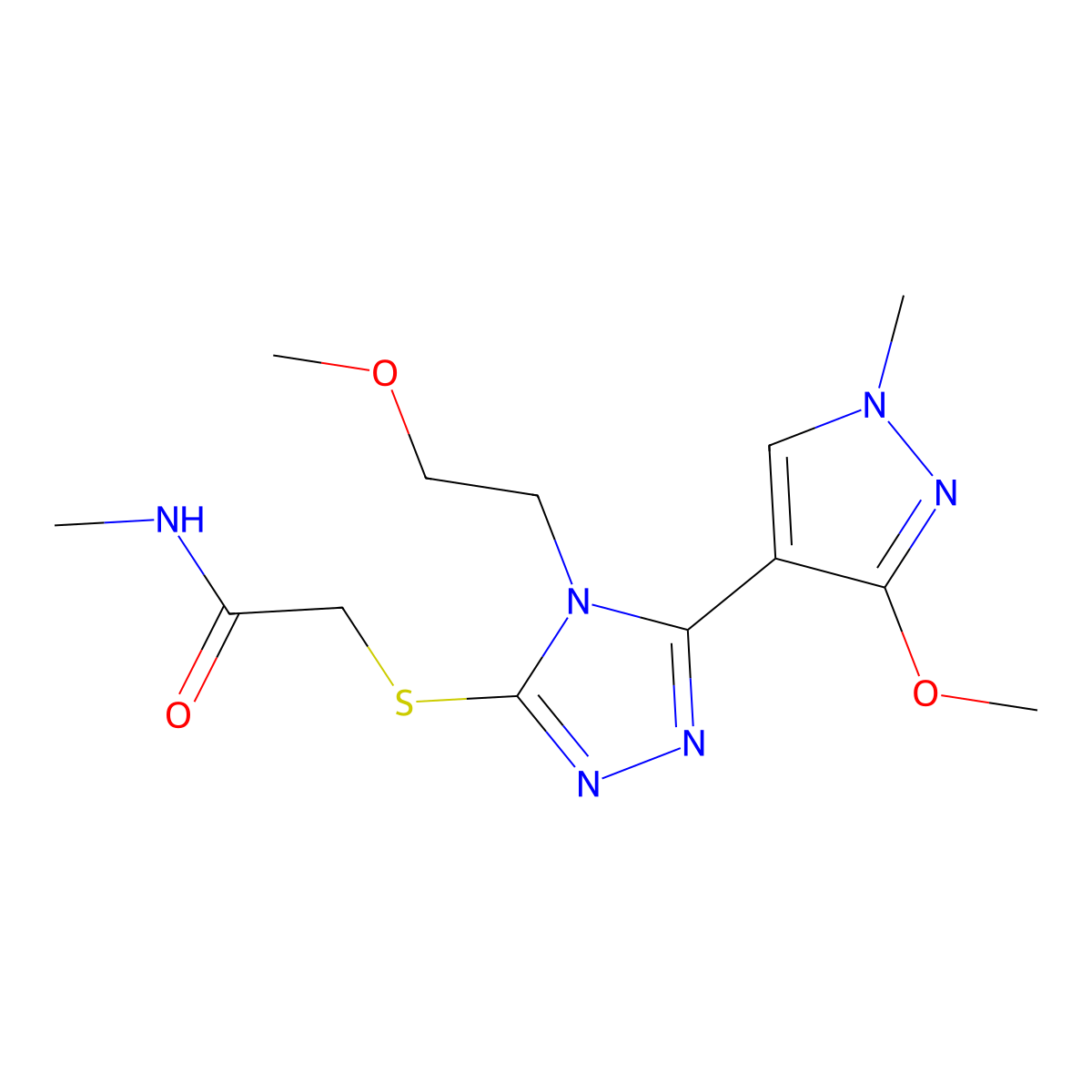 2-((5-(3-methoxy-1-methyl-1H-pyrazol-4-yl)-4-(2-methoxyethyl)-4H-1,2,4-triazol-3-yl)thio)-N-methylacetamide molecular structure, CAS 1014095-89-6