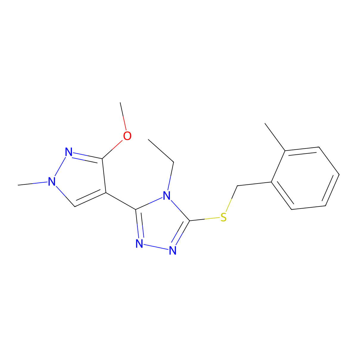 4-ethyl-3-(3-methoxy-1-methyl-1H-pyrazol-4-yl)-5-((2-methylbenzyl)thio)-4H-1,2,4-triazole molecular structure, CAS 1014095-97-6