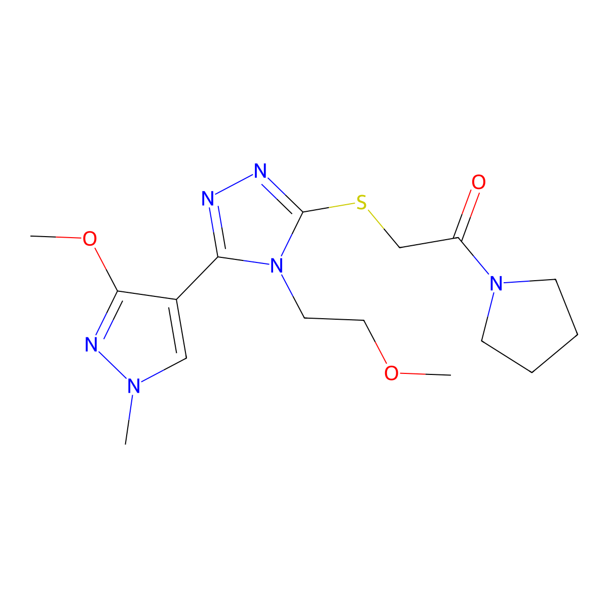 2-((5-(3-methoxy-1-methyl-1H-pyrazol-4-yl)-4-(2-methoxyethyl)-4H-1,2,4-triazol-3-yl)thio)-1-(pyrrolidin-1-yl)ethanone molecular structure, CAS 1014095-99-8