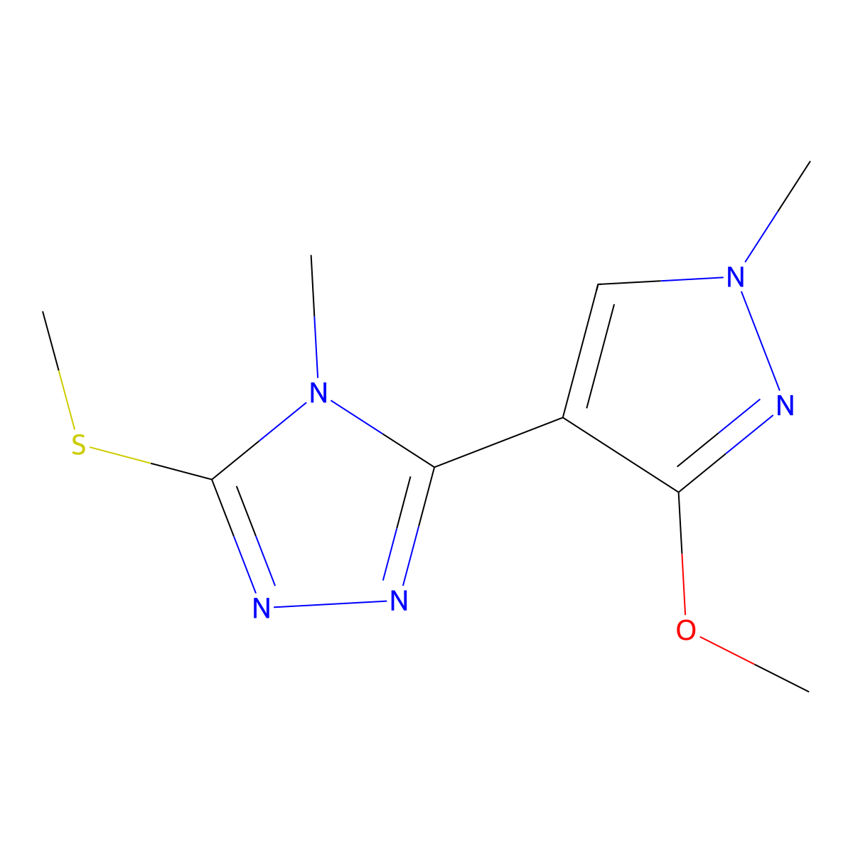 3-(3-methoxy-1-methyl-1H-pyrazol-4-yl)-4-methyl-5-(methylsulfanyl)-4H-1,2,4-triazole molecular structure, CAS 1014096-00-4