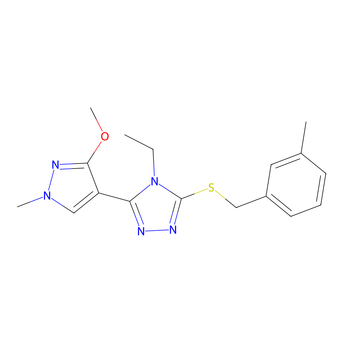 4-ethyl-3-(3-methoxy-1-methyl-1H-pyrazol-4-yl)-5-((3-methylbenzyl)thio)-4H-1,2,4-triazole molecular structure, CAS 1014096-05-9
