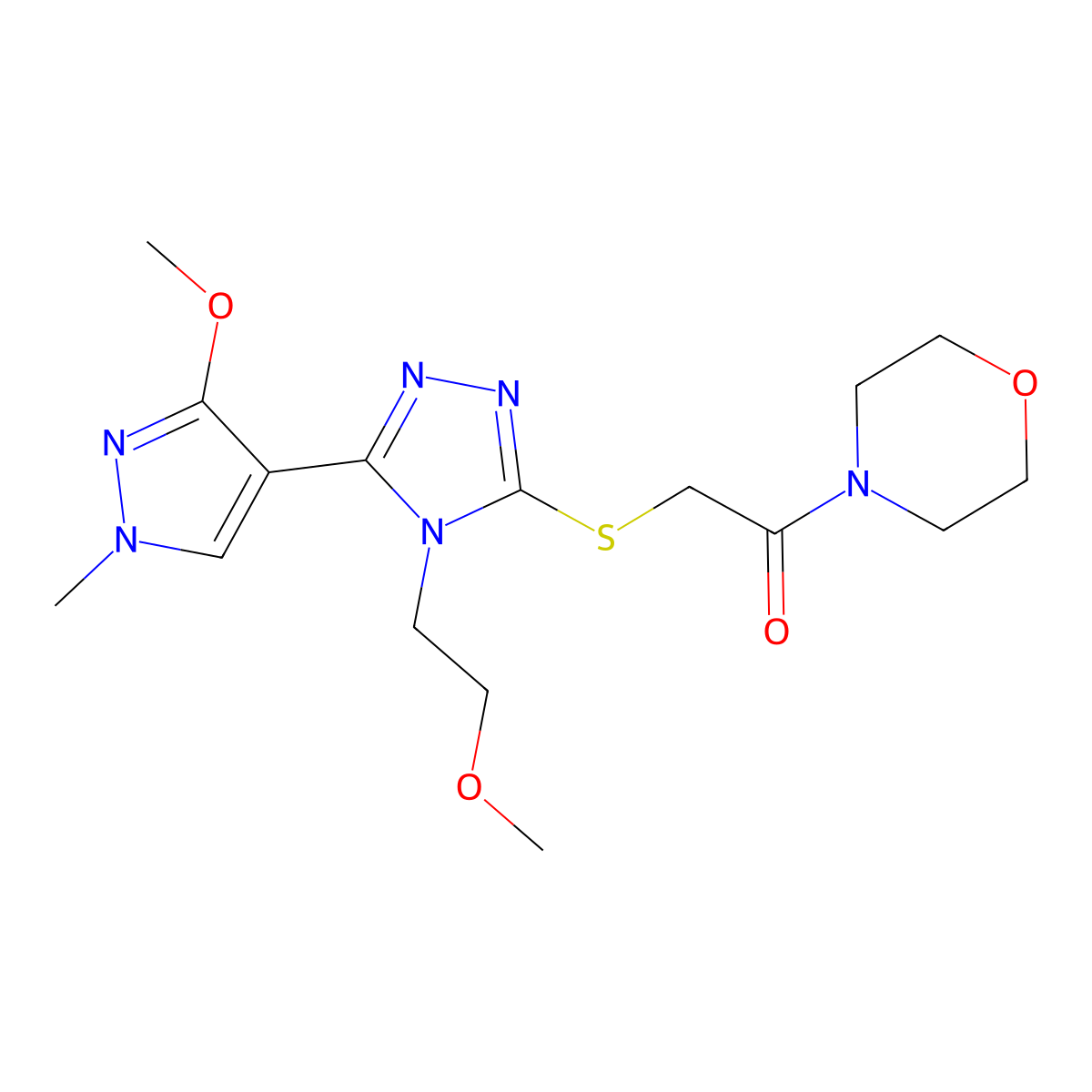 2-((5-(3-methoxy-1-methyl-1H-pyrazol-4-yl)-4-(2-methoxyethyl)-4H-1,2,4-triazol-3-yl)thio)-1-morpholinoethanone molecular structure, CAS 1014096-12-8