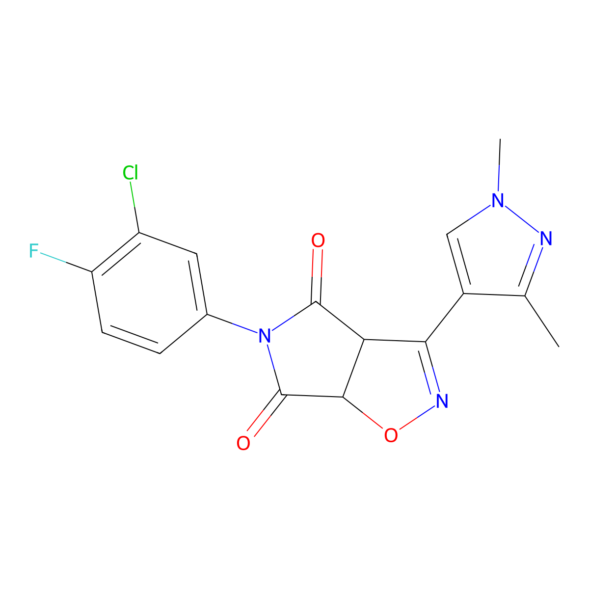 (3aS,6aR)-5-(3-chloro-4-fluorophenyl)-3-(1,3-dimethylpyrazol-4-yl)-3a,6a-dihydropyrrolo[3,4-d][1,2]oxazole-4,6-dione molecular structure, CAS 1014102-63-6