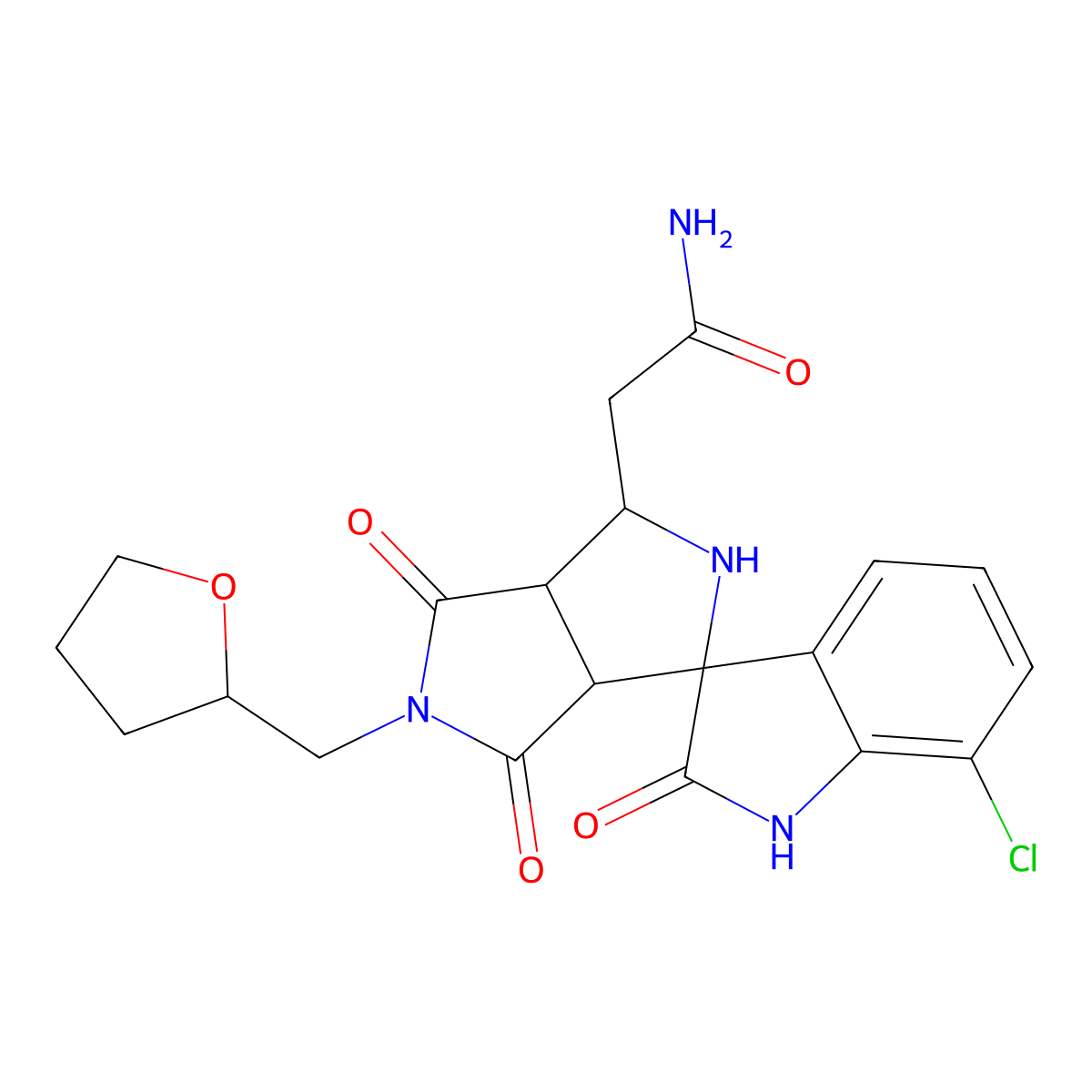 2-[(1S,3S,3aS,6aR)-7'-chloro-2',4,6-trioxo-5-(oxolan-2-ylmethyl)spiro[1,2,3a,6a-tetrahydropyrrolo[3,4-c]pyrrole-3,3'-1H-indole]-1-yl]acetamide molecular structure, CAS 1014106-40-1