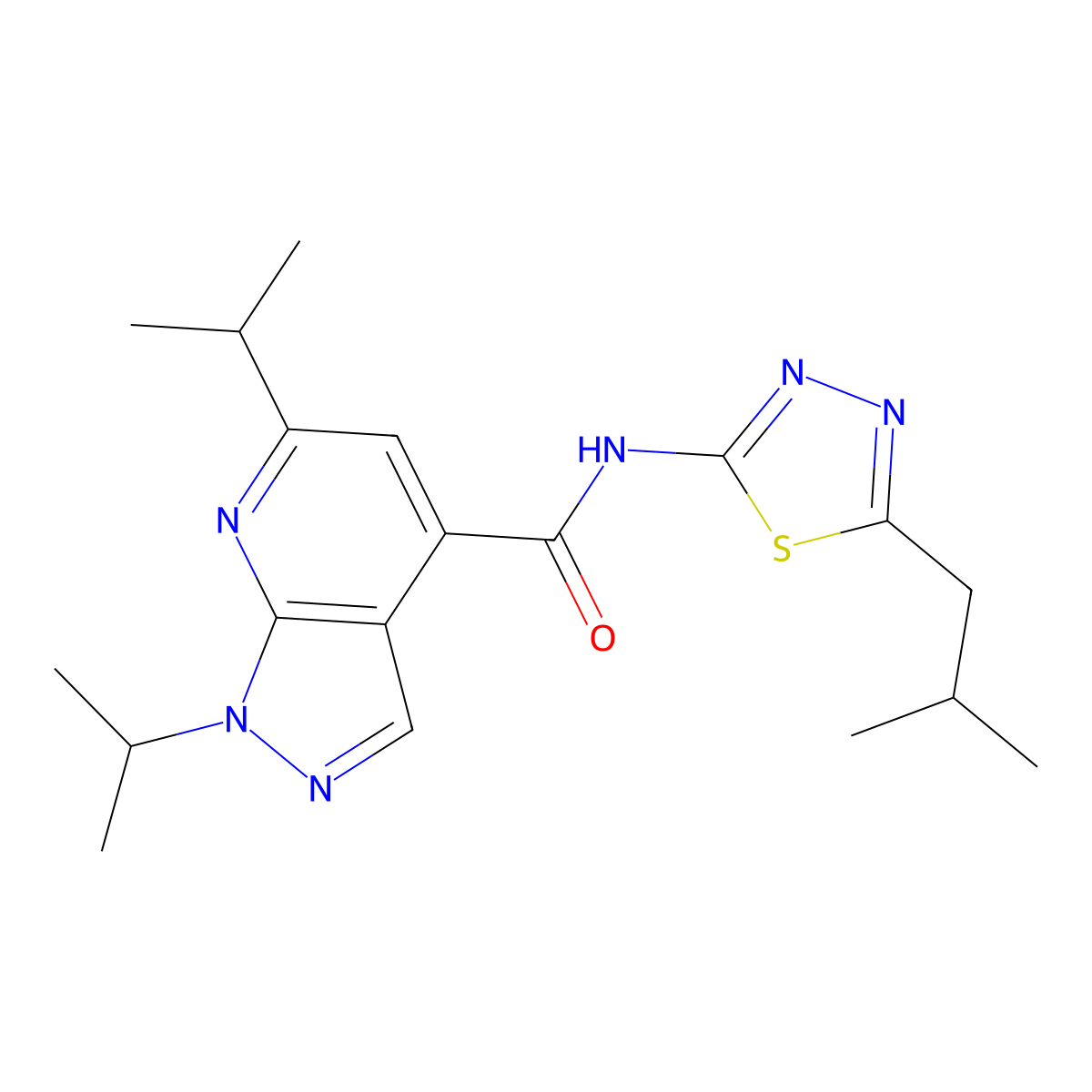 N-[(2E)-5-(2-methylpropyl)-1,3,4-thiadiazol-2(3H)-ylidene]-1,6-di(propan-2-yl)-1H-pyrazolo[3,4-b]pyridine-4-carboxamide molecular structure, CAS 1014214-05-1