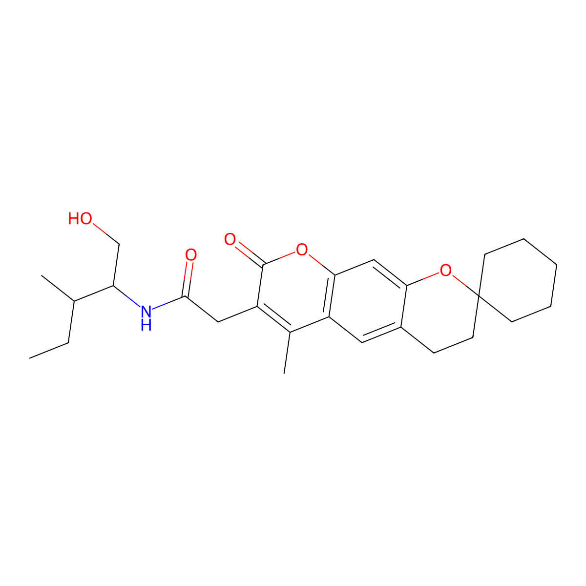 N-[(2S,3S)-1-hydroxy-3-methylpentan-2-yl]-2-(6'-methyl-8'-oxo-3',4'-dihydro-8'H-spiro[cyclohexane-1,2'-pyrano[3,2-g]chromen]-7'-yl)acetamide molecular structure, CAS 1014403-96-3