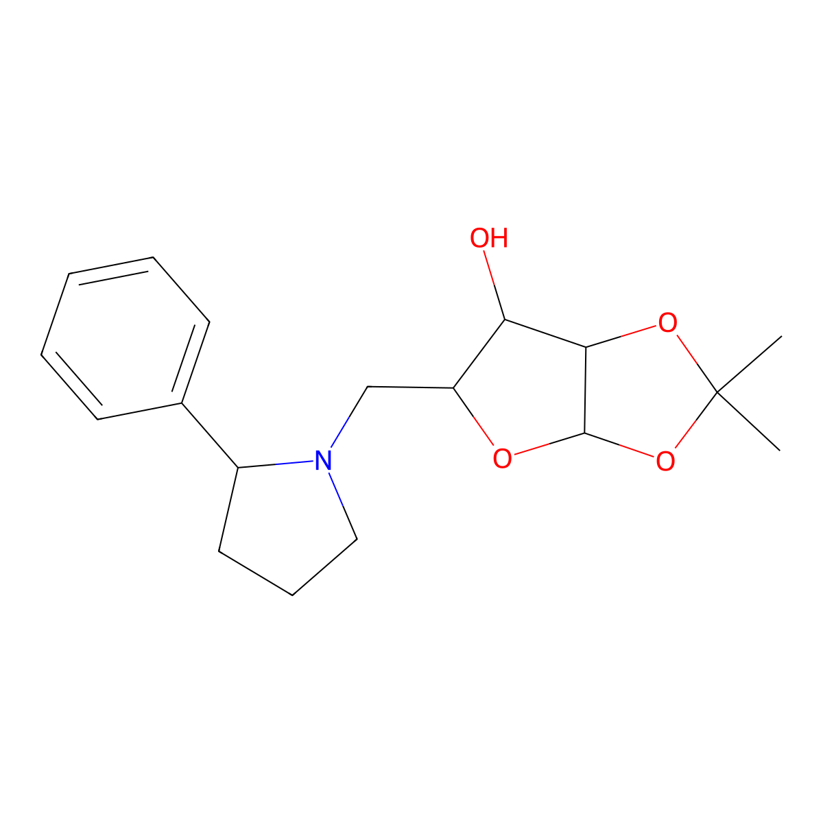 (3aR,5R,6S,6aR)-2,2-dimethyl-5-{[(2R)-2-phenylpyrrolidin-1-yl]methyl}-tetrahydro-2H-furo[2,3-d][1,3]dioxol-6-ol molecular structure, CAS 1014404-86-4