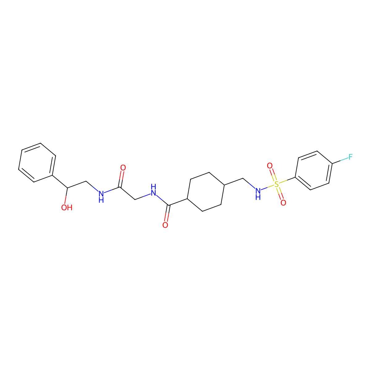 trans-4-({[(4-fluorophenyl)sulfonyl]amino}methyl)-N-{2-[(2-hydroxy-2-phenylethyl)amino]-2-oxoethyl}cyclohexanecarboxamide molecular structure, CAS 1014406-37-1