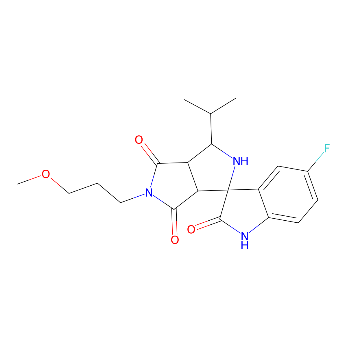 (3a'S,6a'R)-5-fluoro-5'-(3-methoxypropyl)-3'-(propan-2-yl)-3a',6a'-dihydro-2'H-spiro[indole-3,1'-pyrrolo[3,4-c]pyrrole]-2,4',6'(1H,3'H,5'H)-trione molecular structure, CAS 1014410-05-9