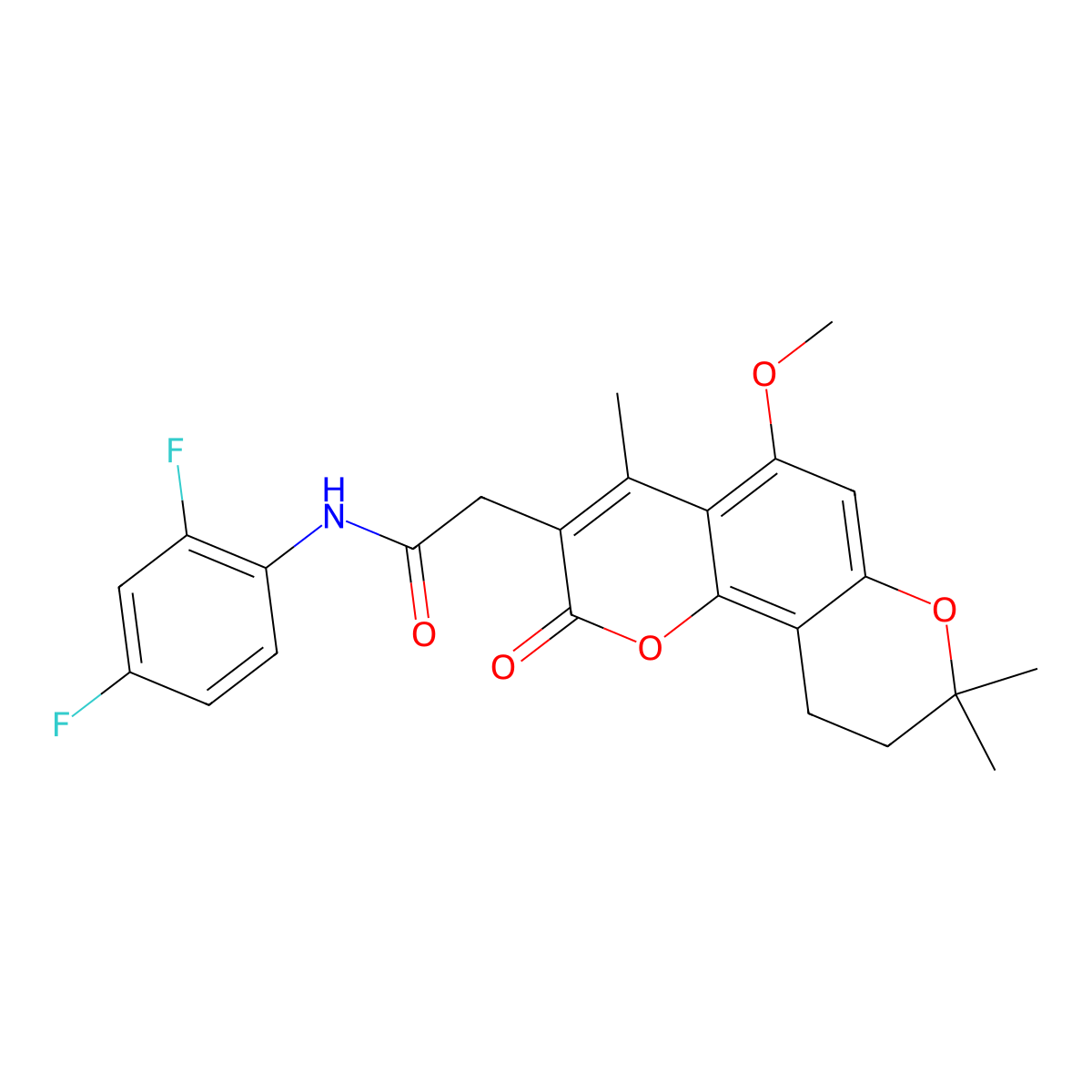 N-(2,4-difluorophenyl)-2-(5-methoxy-4,8,8-trimethyl-2-oxo-9,10-dihydro-2H,8H-pyrano[2,3-f]chromen-3-yl)acetamide molecular structure, CAS 1014411-79-0