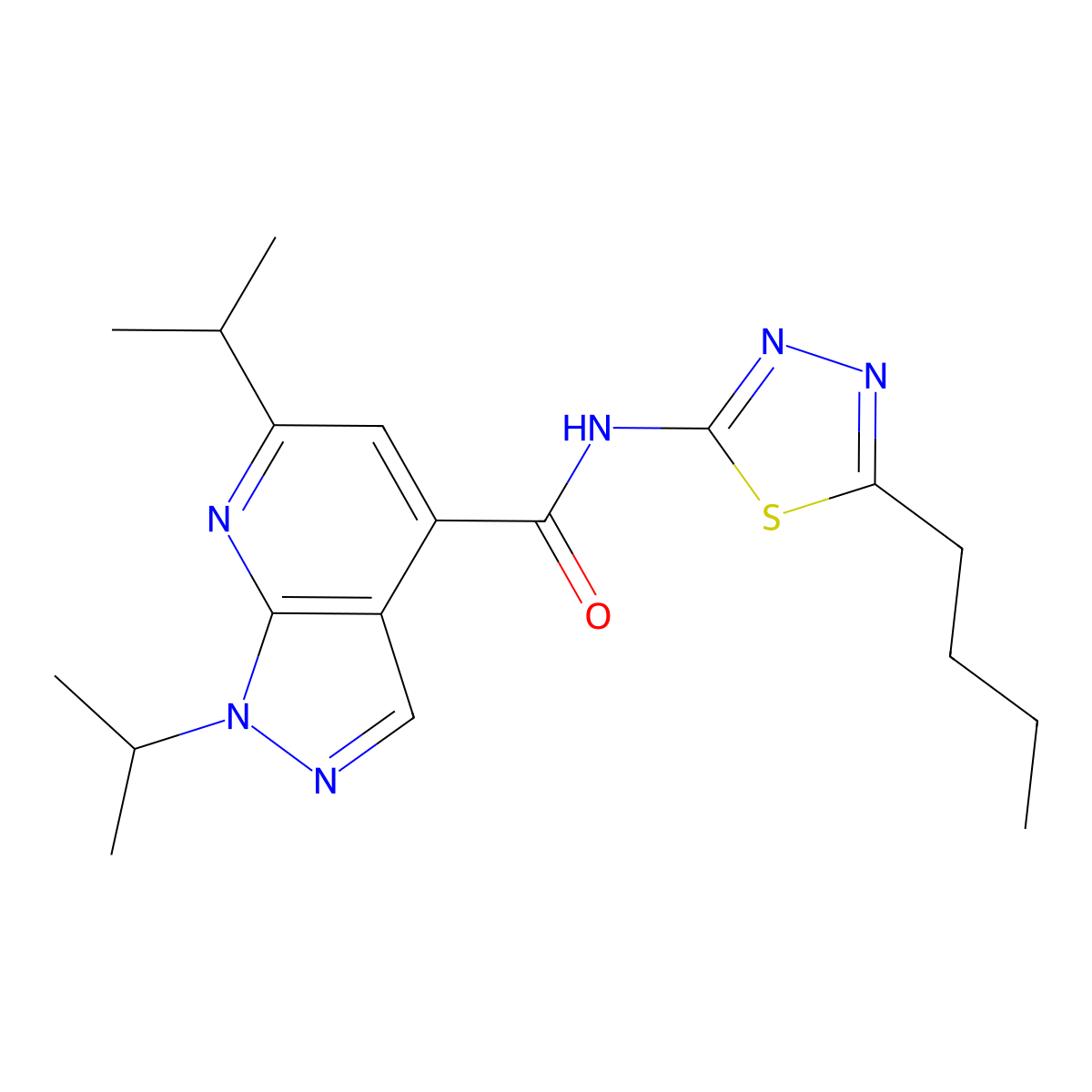 N-[(2E)-5-butyl-1,3,4-thiadiazol-2(3H)-ylidene]-1,6-di(propan-2-yl)-1H-pyrazolo[3,4-b]pyridine-4-carboxamide molecular structure, CAS 1014585-22-8