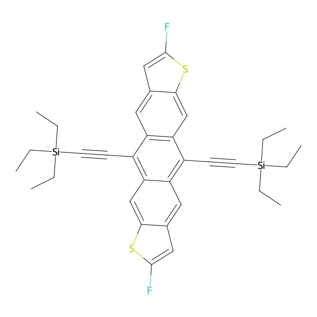 ((2,8-Difluoroanthra(2,3-b:6,7-b')bisthiene-5,11-diyl)di(ethyne-2,1-diyl))bis(triethylsilane) molecular structure, CAS 1015071-21-2