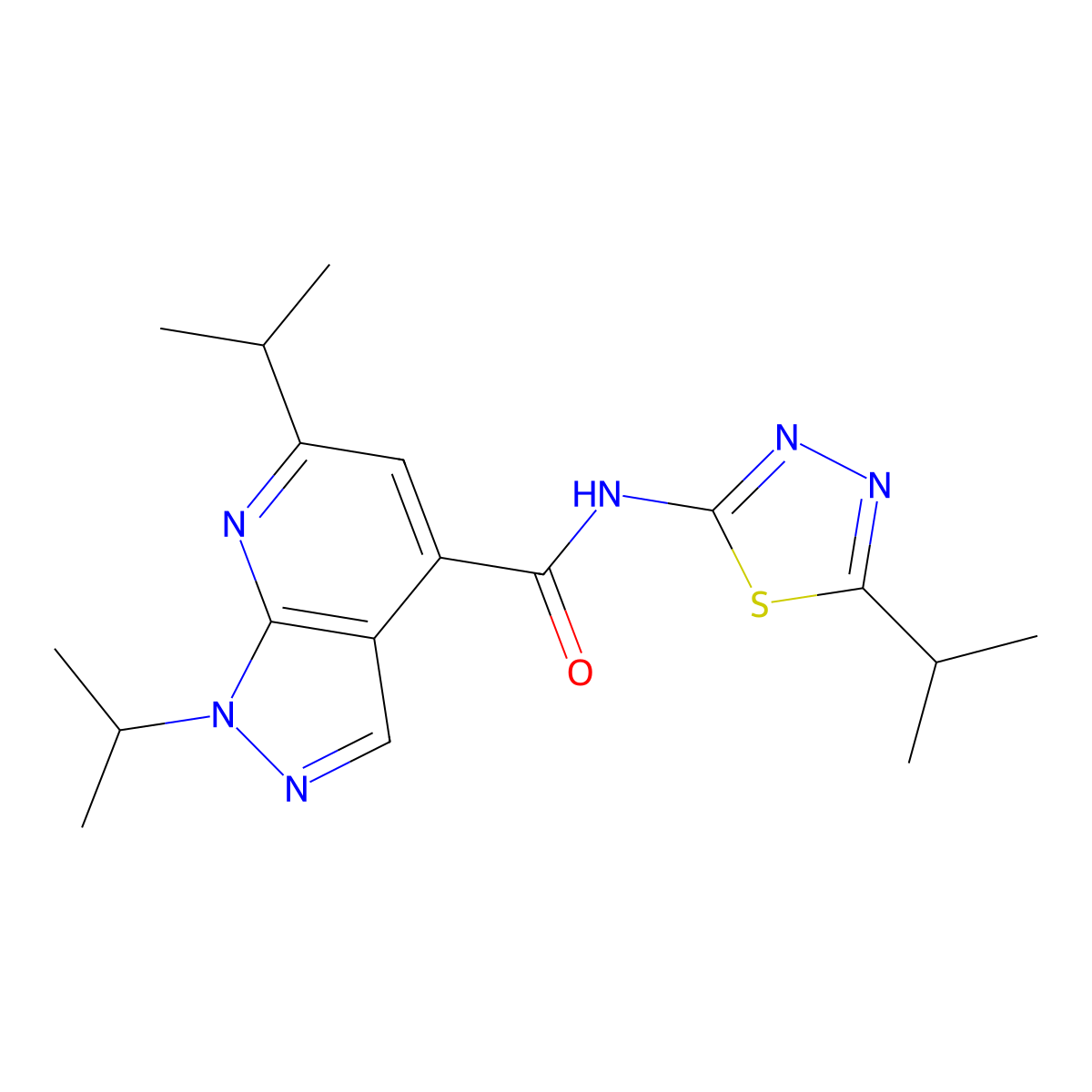 1,6-di(propan-2-yl)-N-[(2E)-5-(propan-2-yl)-1,3,4-thiadiazol-2(3H)-ylidene]-1H-pyrazolo[3,4-b]pyridine-4-carboxamide molecular structure, CAS 1015151-49-1