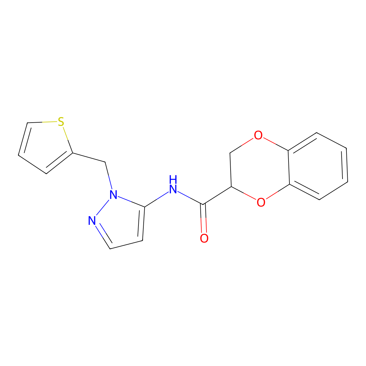 N-[1-(thiophen-2-ylmethyl)-1H-pyrazol-5-yl]-2,3-dihydro-1,4-benzodioxine-2-carboxamide molecular structure, CAS 1015515-07-7