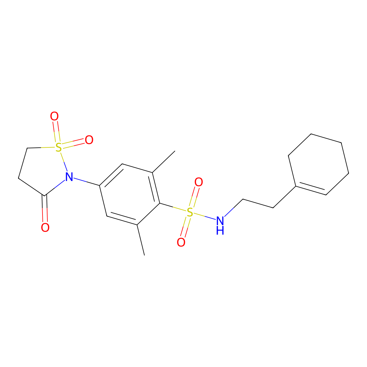 N-(2-(cyclohex-1-en-1-yl)ethyl)-4-(1,1-dioxido-3-oxoisothiazolidin-2-yl)-2,6-dimethylbenzenesulfonamide molecular structure, CAS 1015535-29-1
