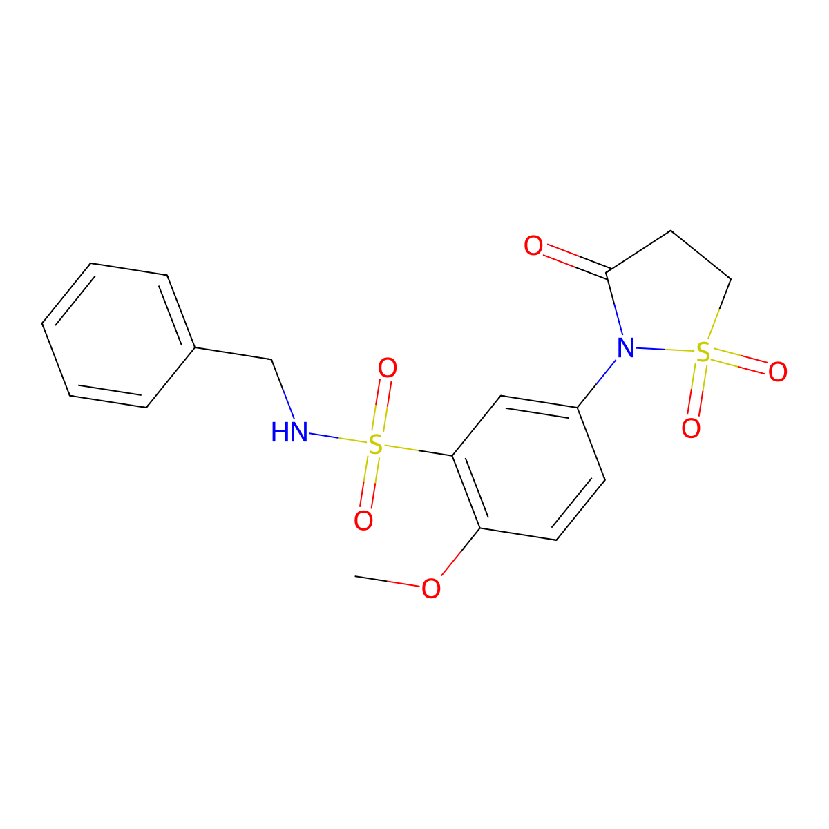 N-benzyl-5-(1,1-dioxido-3-oxoisothiazolidin-2-yl)-2-methoxybenzenesulfonamide molecular structure, CAS 1015535-74-6