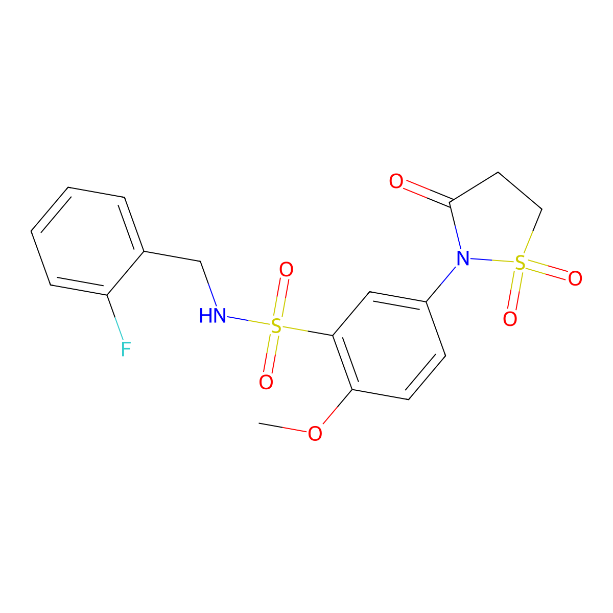 5-(1,1-dioxido-3-oxoisothiazolidin-2-yl)-N-(2-fluorobenzyl)-2-methoxybenzenesulfonamide molecular structure, CAS 1015535-80-4