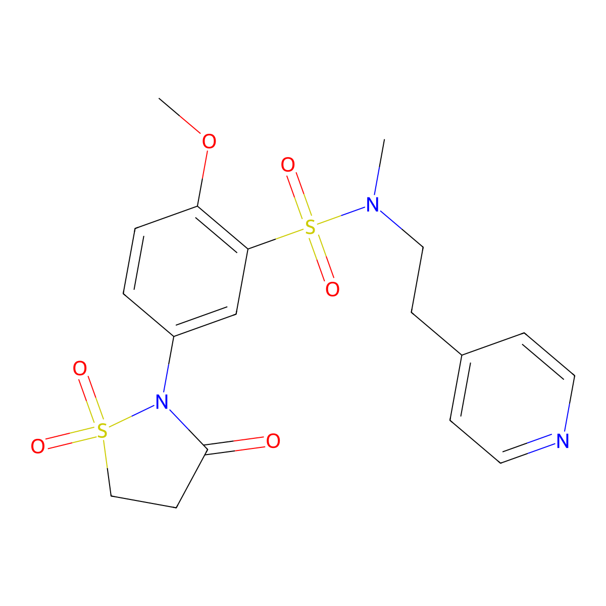 5-(1,1-dioxido-3-oxoisothiazolidin-2-yl)-2-methoxy-N-methyl-N-(2-(pyridin-4-yl)ethyl)benzenesulfonamide molecular structure, CAS 1015535-91-7