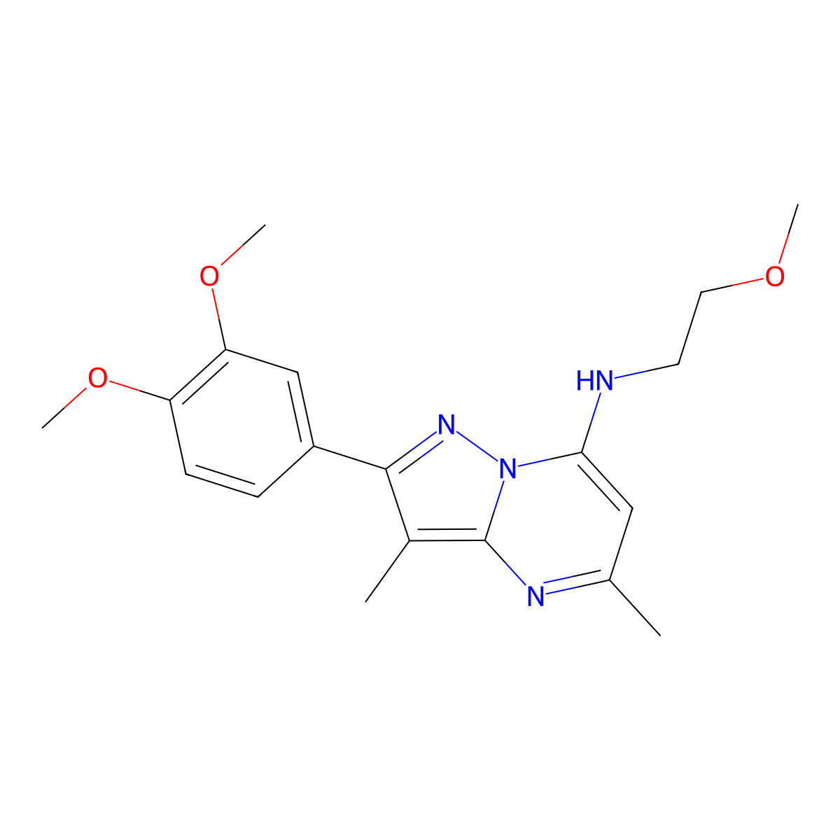 2-(3,4-dimethoxyphenyl)-N-(2-methoxyethyl)-3,5-dimethylpyrazolo[1,5-a]pyrimidin-7-amine molecular structure, CAS 1015543-44-8