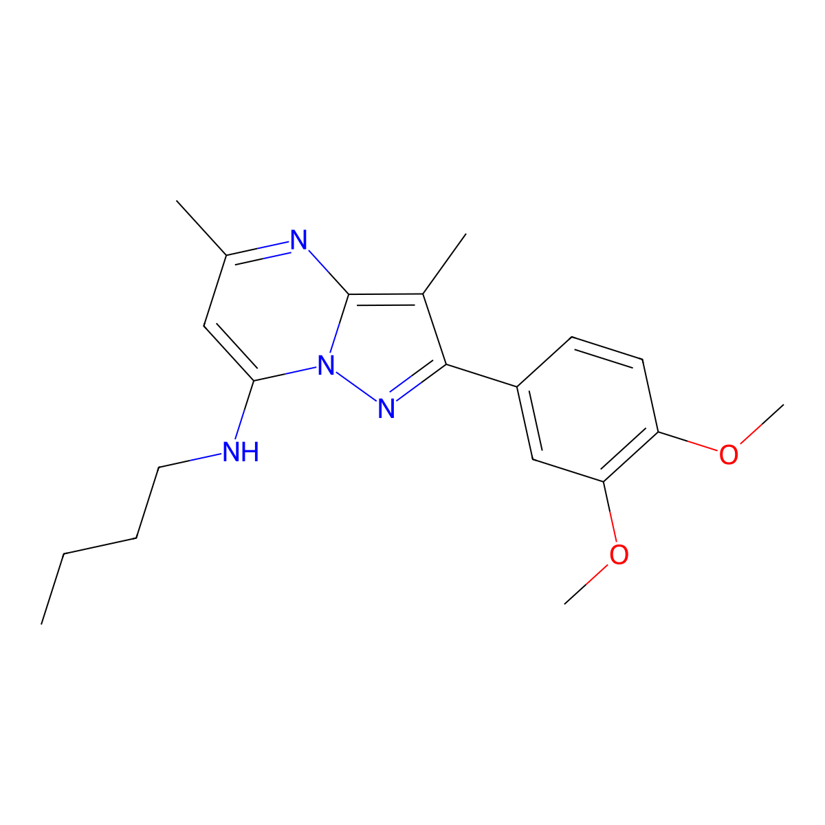 N-butyl-2-(3,4-dimethoxyphenyl)-3,5-dimethylpyrazolo[1,5-a]pyrimidin-7-amine molecular structure, CAS 1015543-62-0