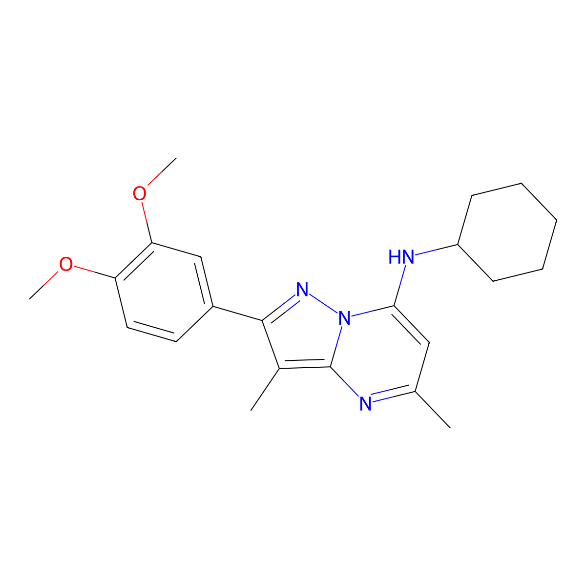 N-cyclohexyl-2-(3,4-dimethoxyphenyl)-3,5-dimethylpyrazolo[1,5-a]pyrimidin-7-amine molecular structure, CAS 1015543-68-6