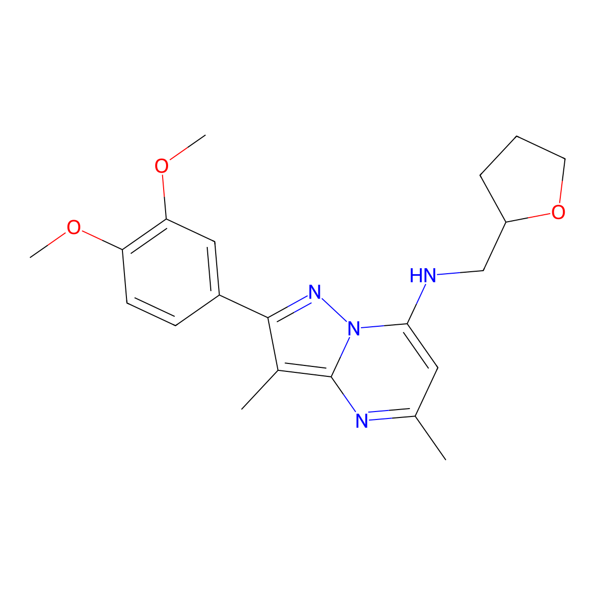2-(3,4-dimethoxyphenyl)-3,5-dimethyl-N-(tetrahydrofuran-2-ylmethyl)pyrazolo[1,5-a]pyrimidin-7-amine molecular structure, CAS 1015543-98-2