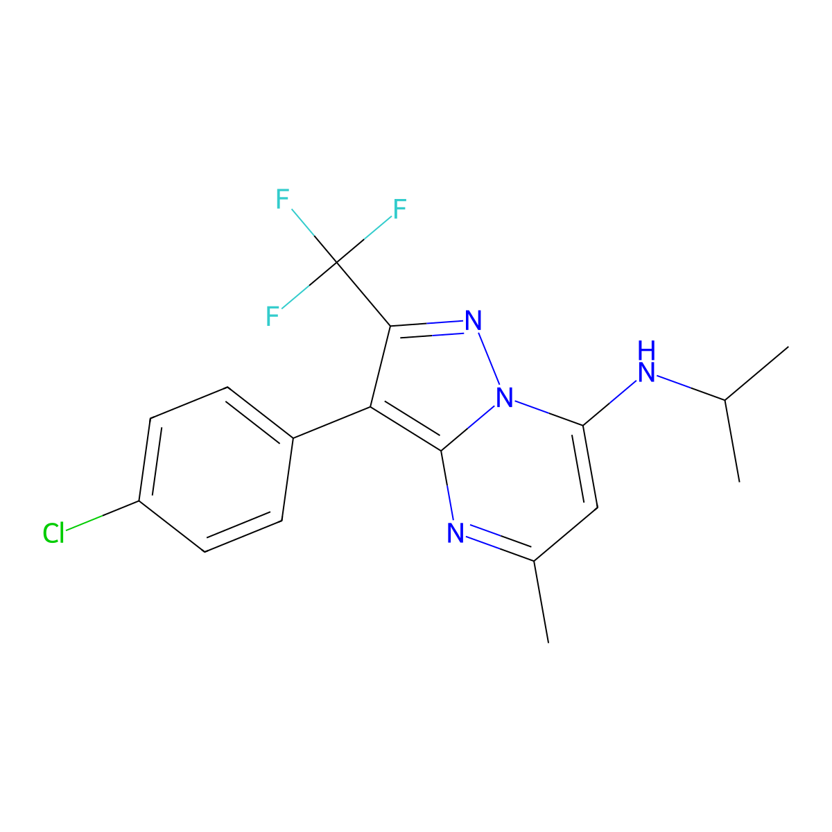 3-(4-chlorophenyl)-5-methyl-N-(propan-2-yl)-2-(trifluoromethyl)pyrazolo[1,5-a]pyrimidin-7-amine molecular structure, CAS 1015544-47-4