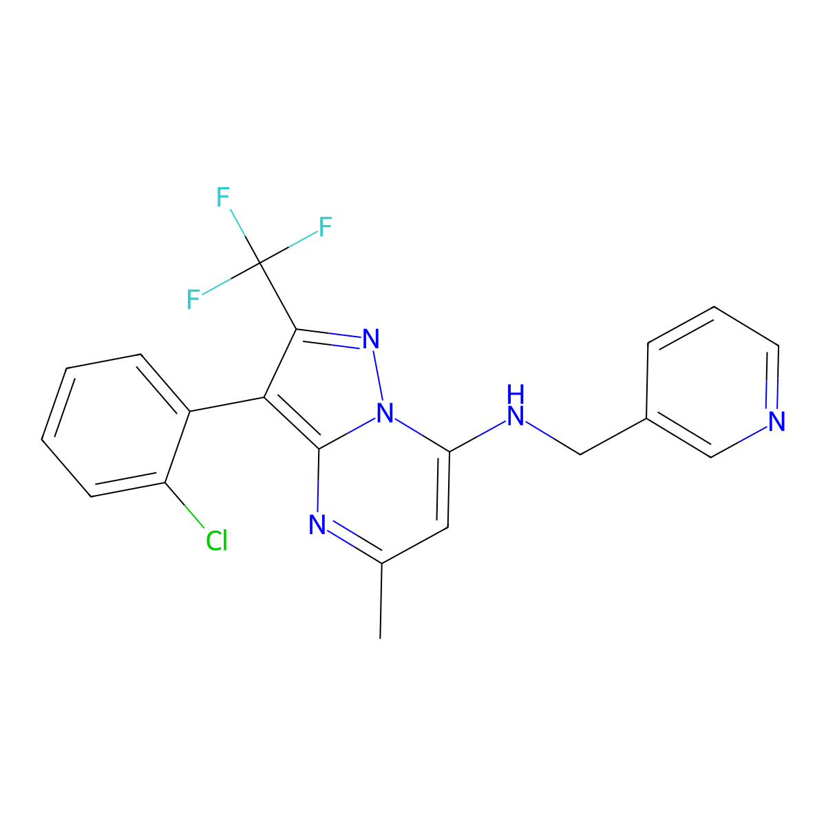 3-(2-chlorophenyl)-5-methyl-N-(pyridin-3-ylmethyl)-2-(trifluoromethyl)pyrazolo[1,5-a]pyrimidin-7-amine molecular structure, CAS 1015544-65-6
