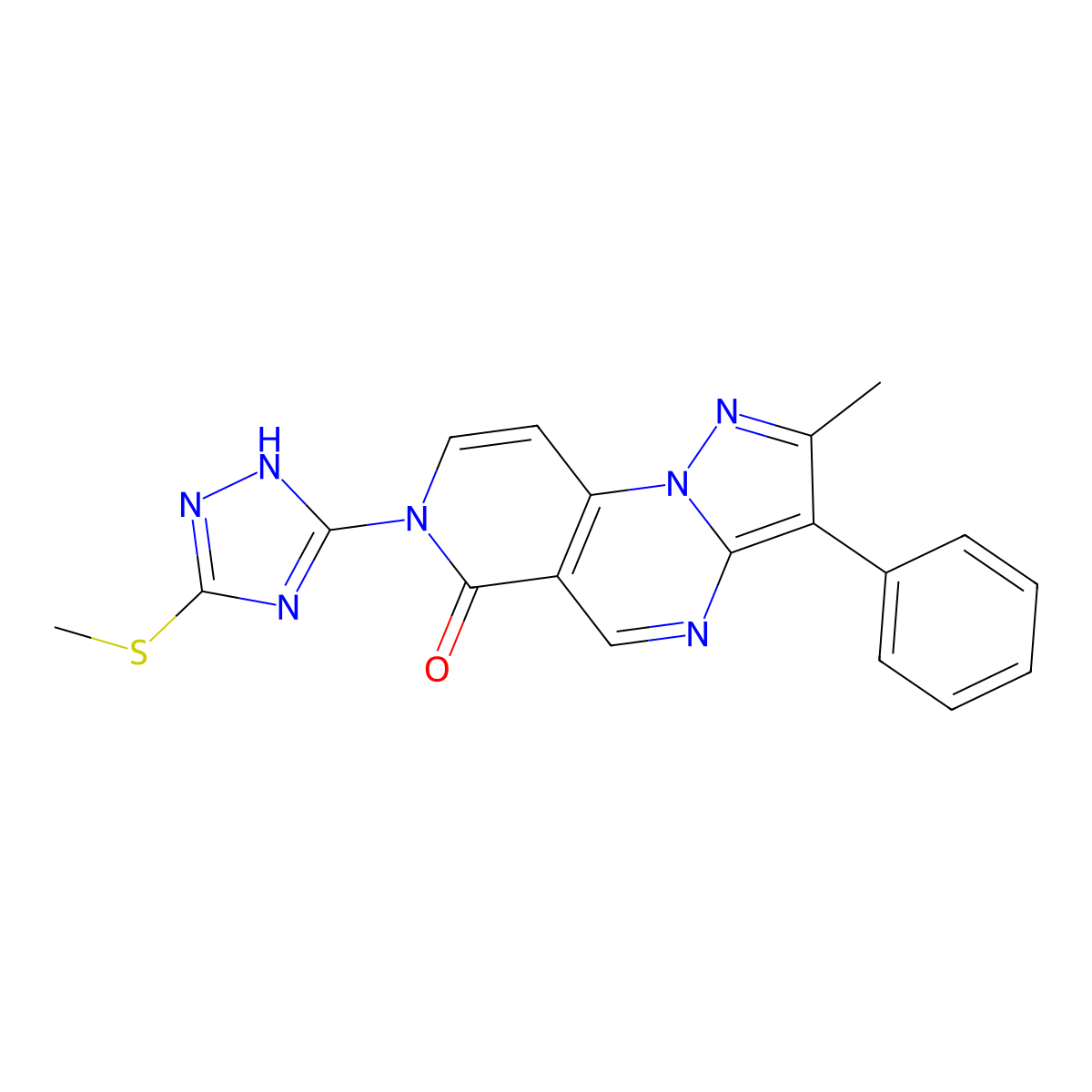 2-methyl-7-[5-(methylsulfanyl)-4H-1,2,4-triazol-3-yl]-3-phenylpyrazolo[1,5-a]pyrido[3,4-e]pyrimidin-6(7H)-one molecular structure, CAS 1015553-87-3
