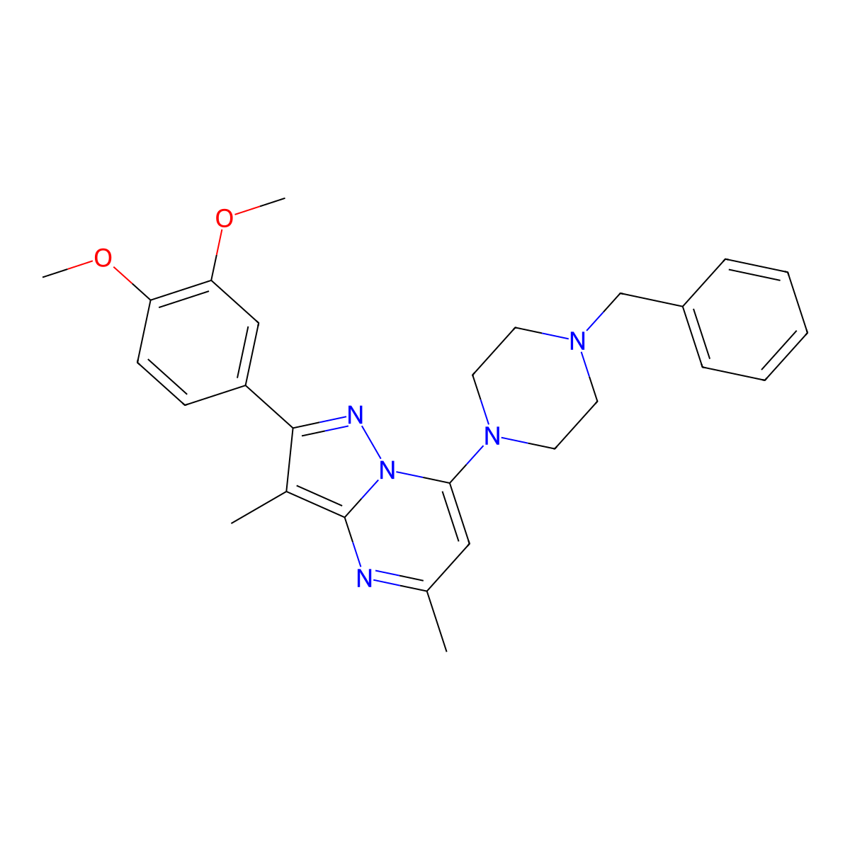 1-Benzyl-4-[2-(3,4-dimethoxyphenyl)-3,5-dimethylpyrazolo[1,5-a]pyrimidin-7-yl]piperazine molecular structure, CAS 1015580-47-8