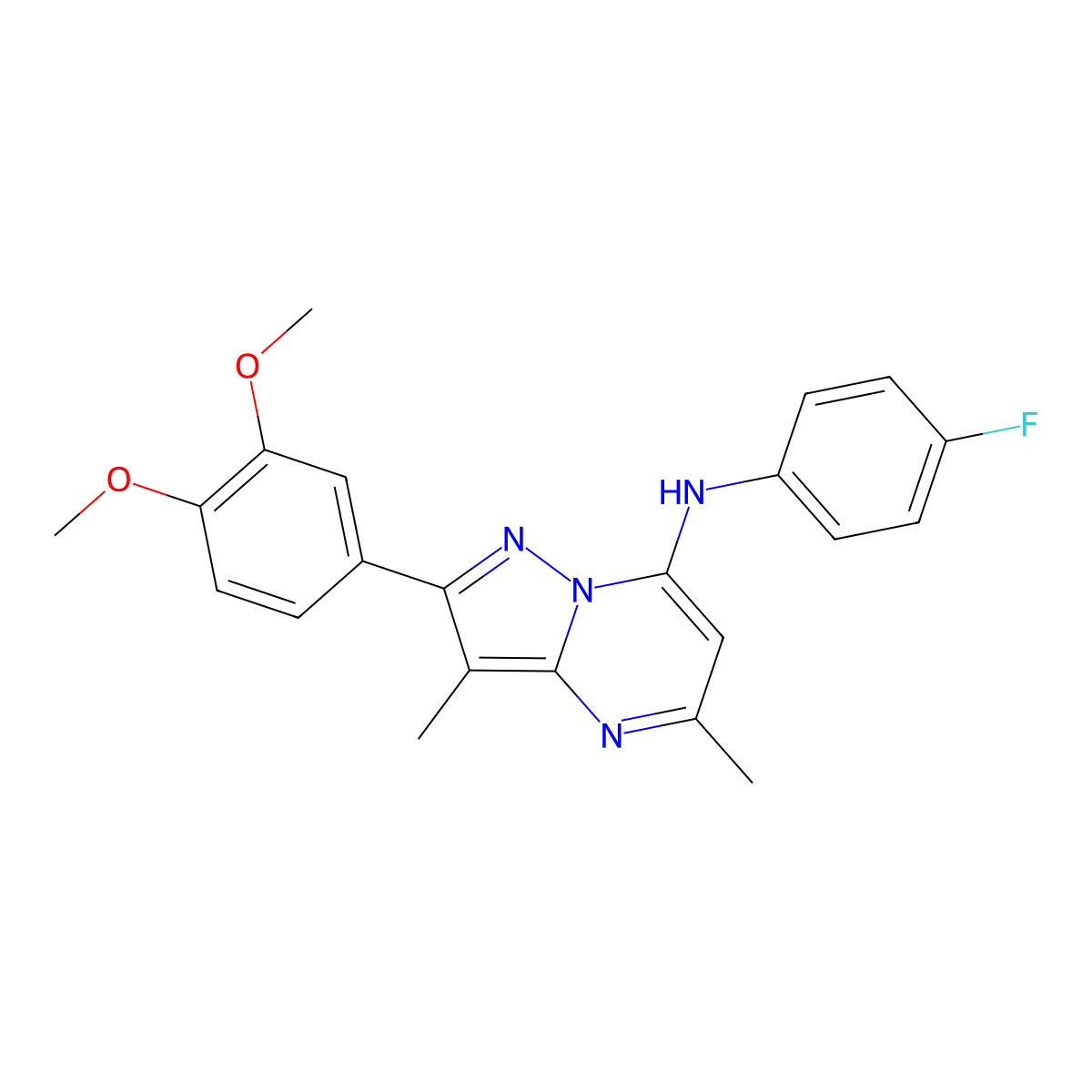 2-(3,4-dimethoxyphenyl)-N-(4-fluorophenyl)-3,5-dimethylpyrazolo[1,5-a]pyrimidin-7-amine molecular structure, CAS 1015581-11-9