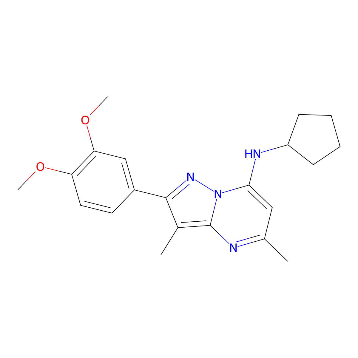 N-cyclopentyl-2-(3,4-dimethoxyphenyl)-3,5-dimethylpyrazolo[1,5-a]pyrimidin-7-amine molecular structure, CAS 1015581-27-7