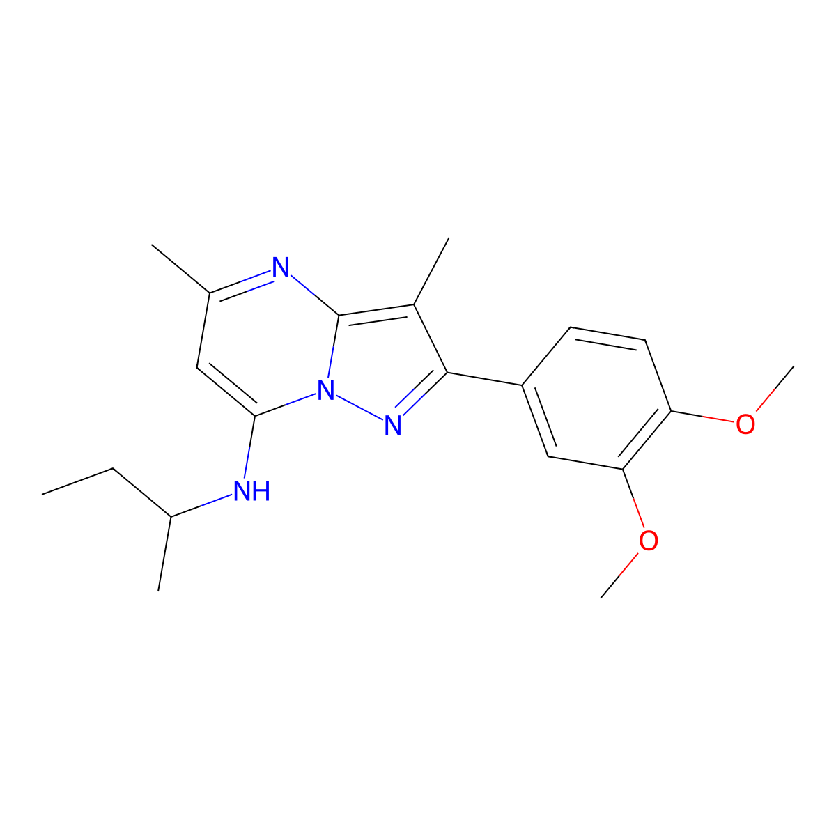 N-(butan-2-yl)-2-(3,4-dimethoxyphenyl)-3,5-dimethylpyrazolo[1,5-a]pyrimidin-7-amine molecular structure, CAS 1015581-35-7