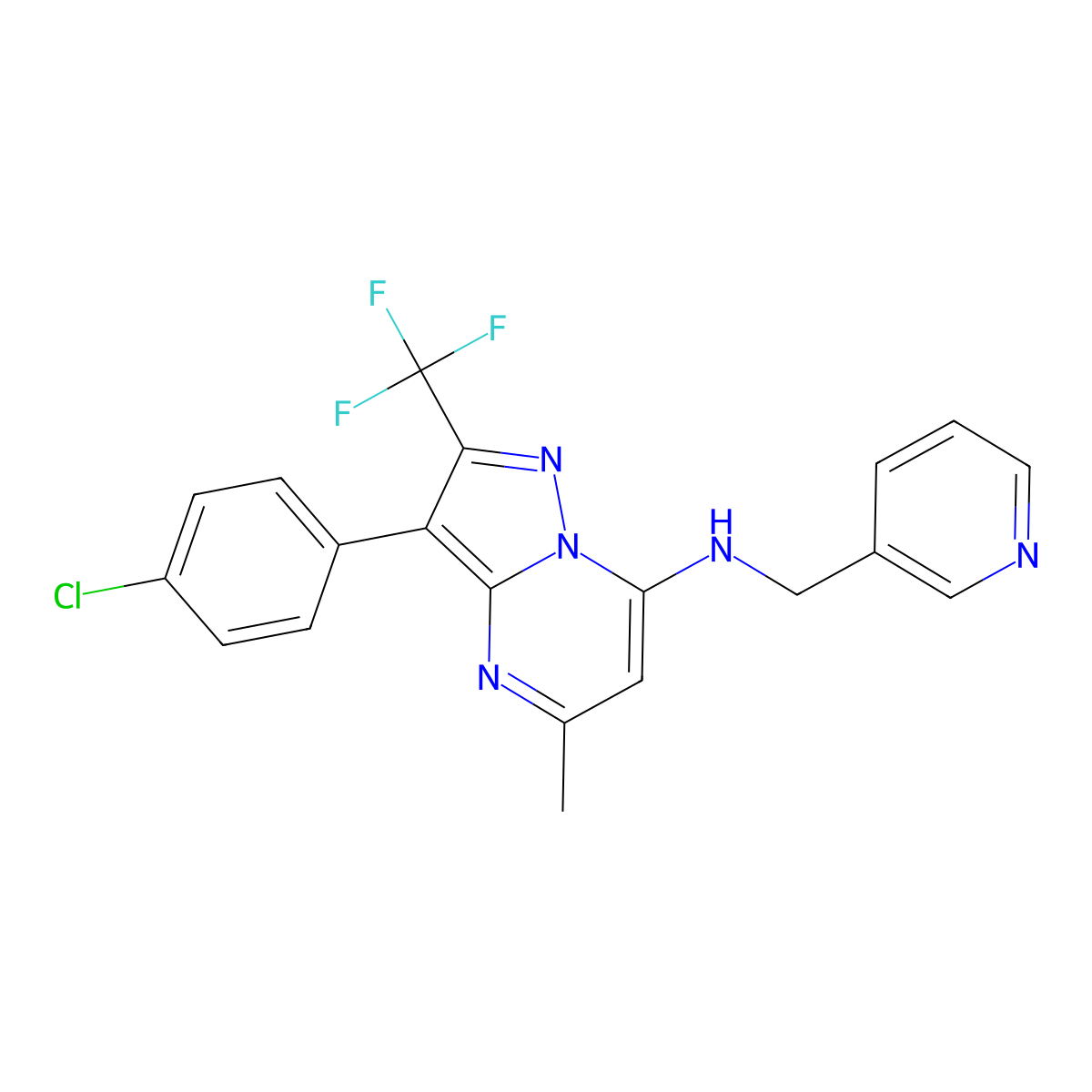 3-(4-chlorophenyl)-5-methyl-N-(pyridin-3-ylmethyl)-2-(trifluoromethyl)pyrazolo[1,5-a]pyrimidin-7-amine molecular structure, CAS 1015581-79-9