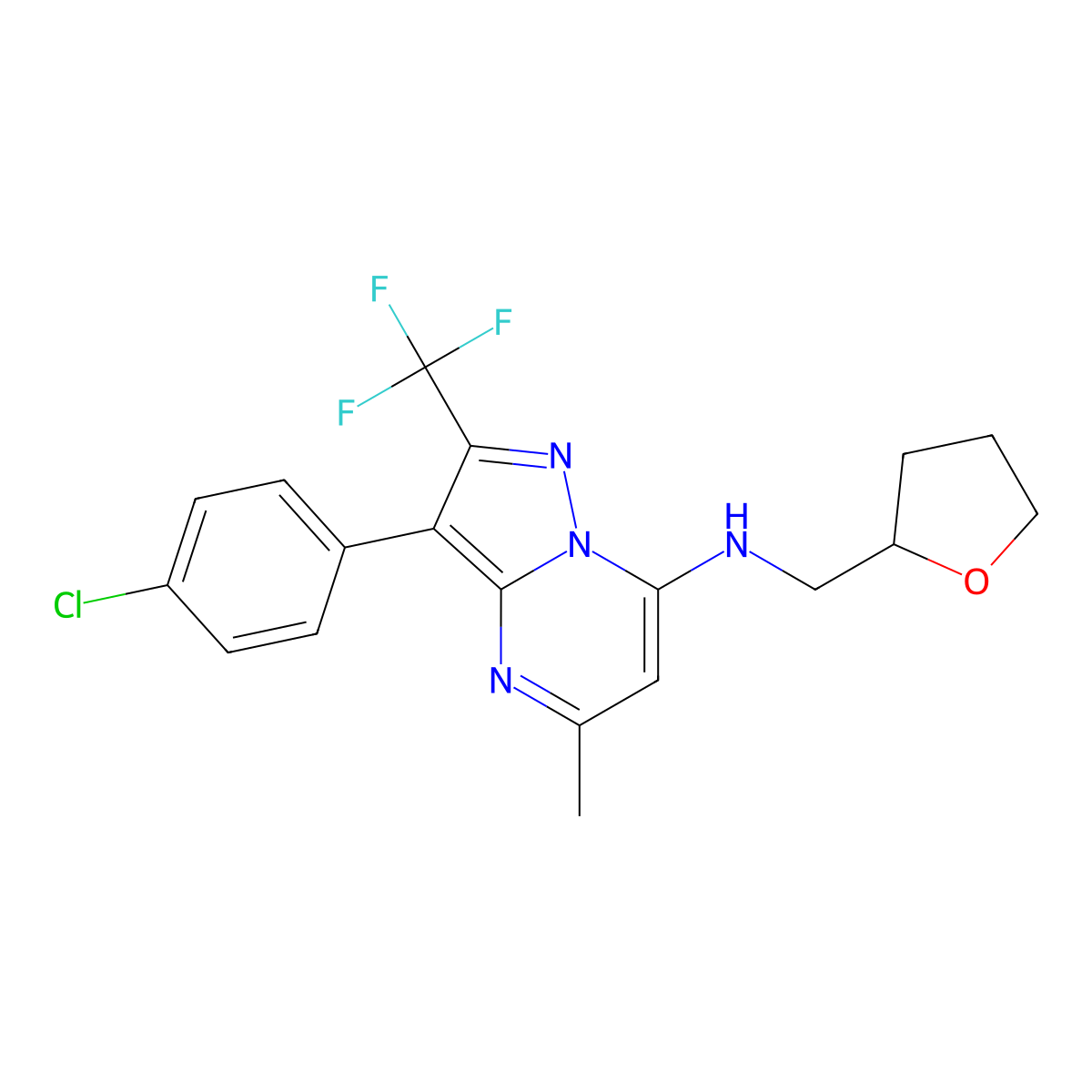 3-(4-chlorophenyl)-5-methyl-N-[(oxolan-2-yl)methyl]-2-(trifluoromethyl)pyrazolo[1,5-a]pyrimidin-7-amine molecular structure, CAS 1015581-87-9