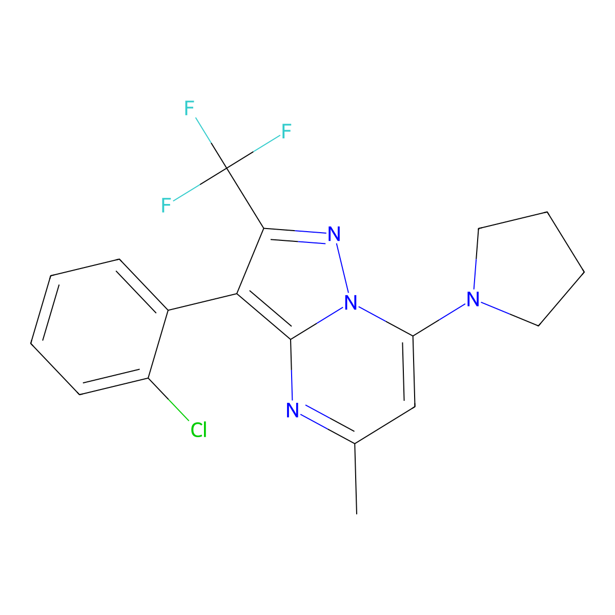 3-(2-Chlorophenyl)-5-methyl-7-(pyrrolidin-1-yl)-2-(trifluoromethyl)pyrazolo[1,5-a]pyrimidine molecular structure, CAS 1015582-16-7