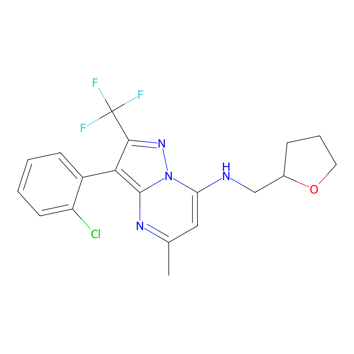 3-(2-chlorophenyl)-5-methyl-N-((tetrahydrofuran-2-yl)methyl)-2-(trifluoromethyl)pyrazolo[1,5-a]pyrimidin-7-amine molecular structure, CAS 1015582-23-6