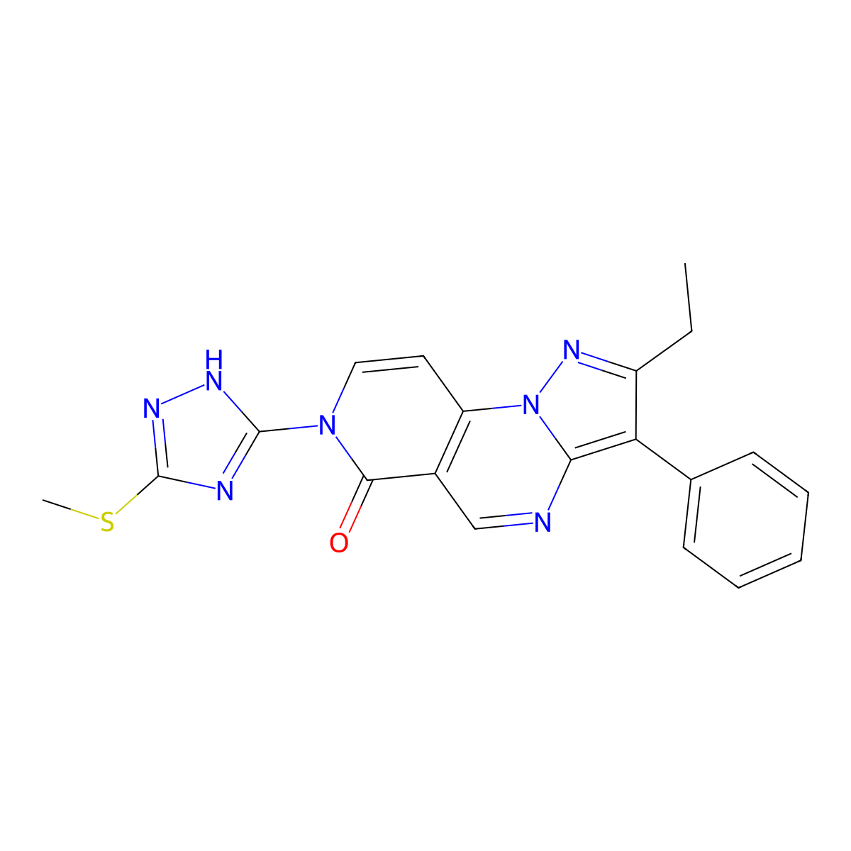 2-ethyl-7-[5-(methylsulfanyl)-4H-1,2,4-triazol-3-yl]-3-phenylpyrazolo[1,5-a]pyrido[3,4-e]pyrimidin-6(7H)-one molecular structure, CAS 1015595-30-8
