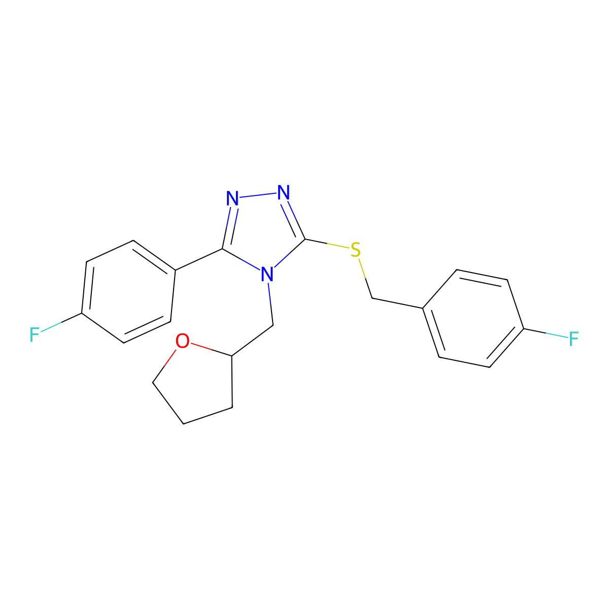 3-[(4-fluorobenzyl)sulfanyl]-5-(4-fluorophenyl)-4-(tetrahydrofuran-2-ylmethyl)-4H-1,2,4-triazole molecular structure, CAS 1015595-73-9