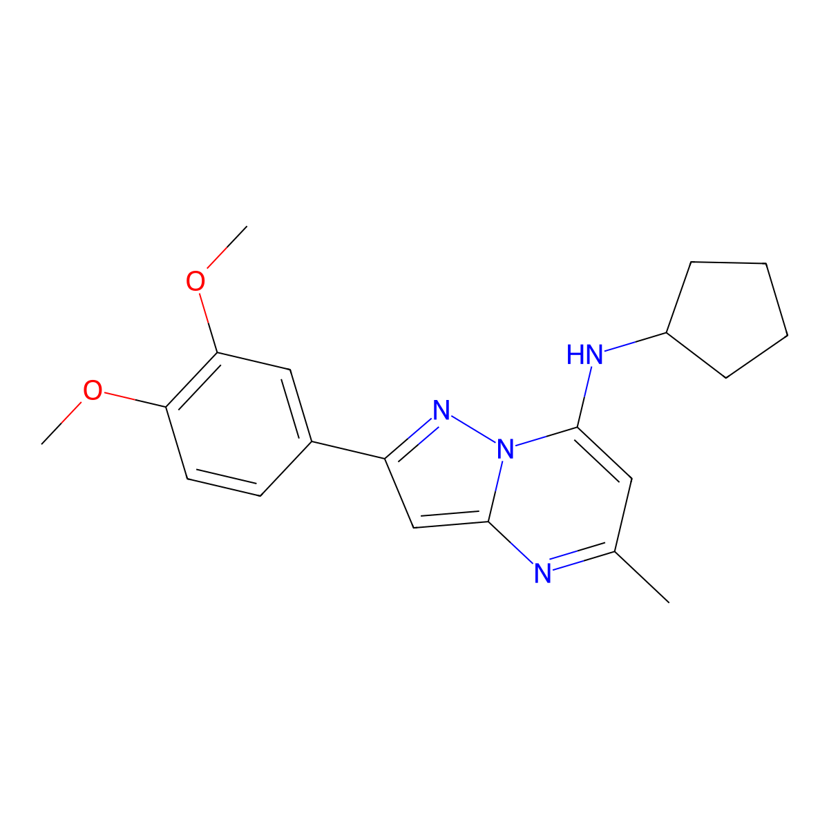 N-cyclopentyl-2-(3,4-dimethoxyphenyl)-5-methylpyrazolo[1,5-a]pyrimidin-7-amine molecular structure, CAS 1015596-42-5