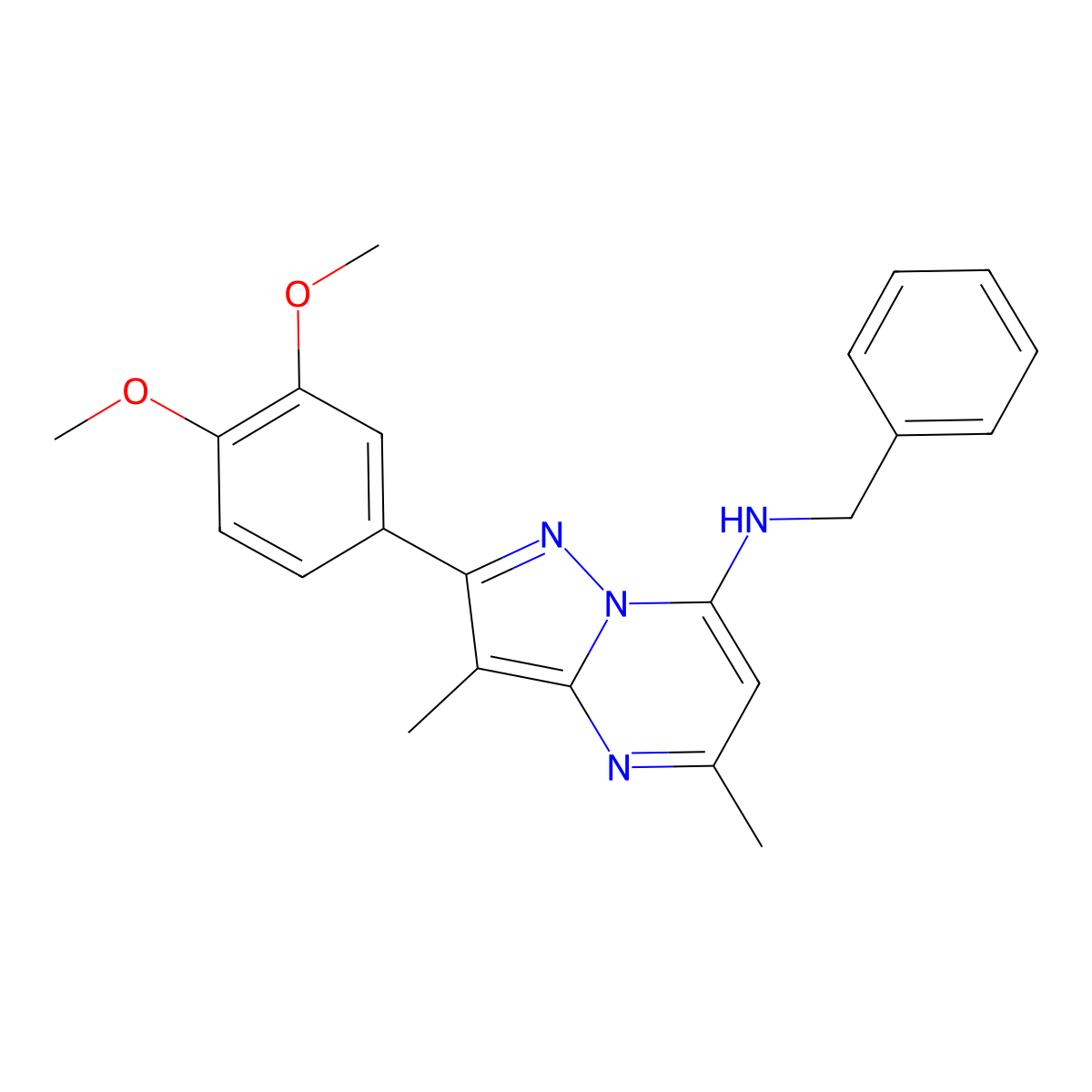 N-benzyl-2-(3,4-dimethoxyphenyl)-3,5-dimethylpyrazolo[1,5-a]pyrimidin-7-amine molecular structure, CAS 1015596-74-3