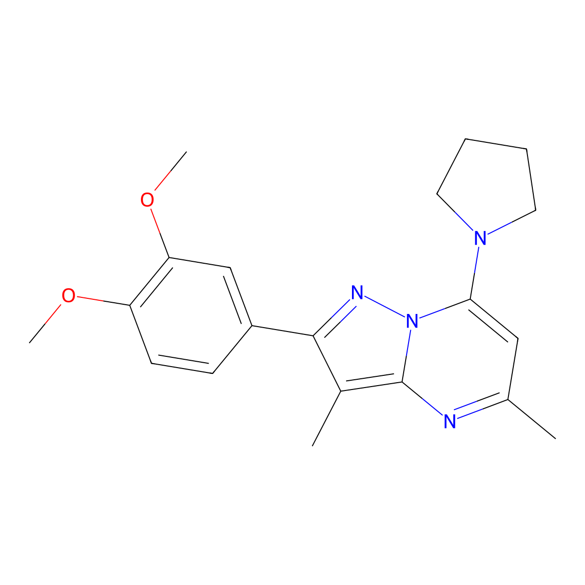 2-(3,4-Dimethoxyphenyl)-3,5-dimethyl-7-pyrrolidin-1-ylpyrazolo[1,5-a]pyrimidine molecular structure, CAS 1015597-30-4