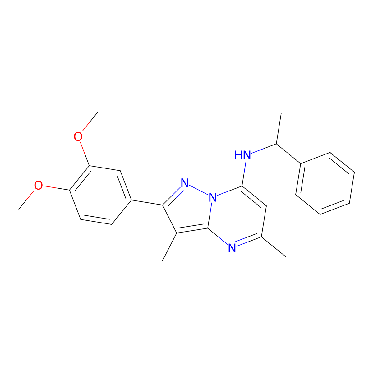 2-(3,4-dimethoxyphenyl)-3,5-dimethyl-N-(1-phenylethyl)pyrazolo[1,5-a]pyrimidin-7-amine molecular structure, CAS 1015597-69-9