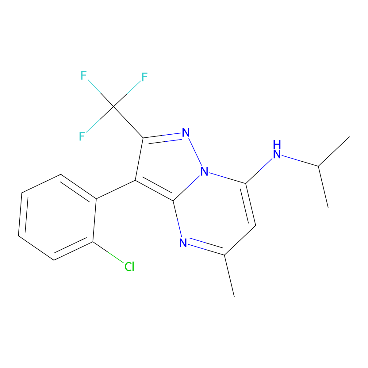 3-(2-chlorophenyl)-5-methyl-N-(propan-2-yl)-2-(trifluoromethyl)pyrazolo[1,5-a]pyrimidin-7-amine molecular structure, CAS 1015598-52-3